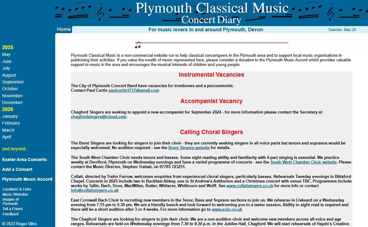 Plymouth Classical Music Concert Diary - concerts listings for Plymouth, Devon, UK