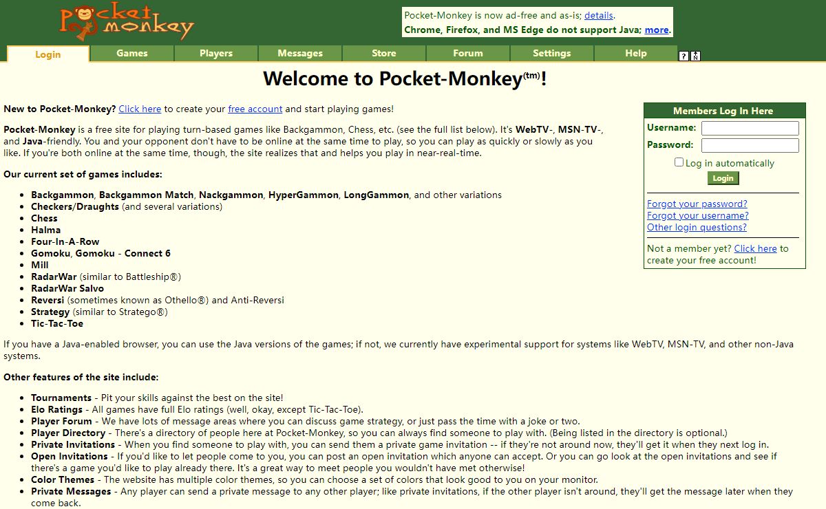 Pocket-Monkey(tm) Free Online Board Games - Backgammon, Gomoku, Chess, Checkers, Pente, Halma, and More!