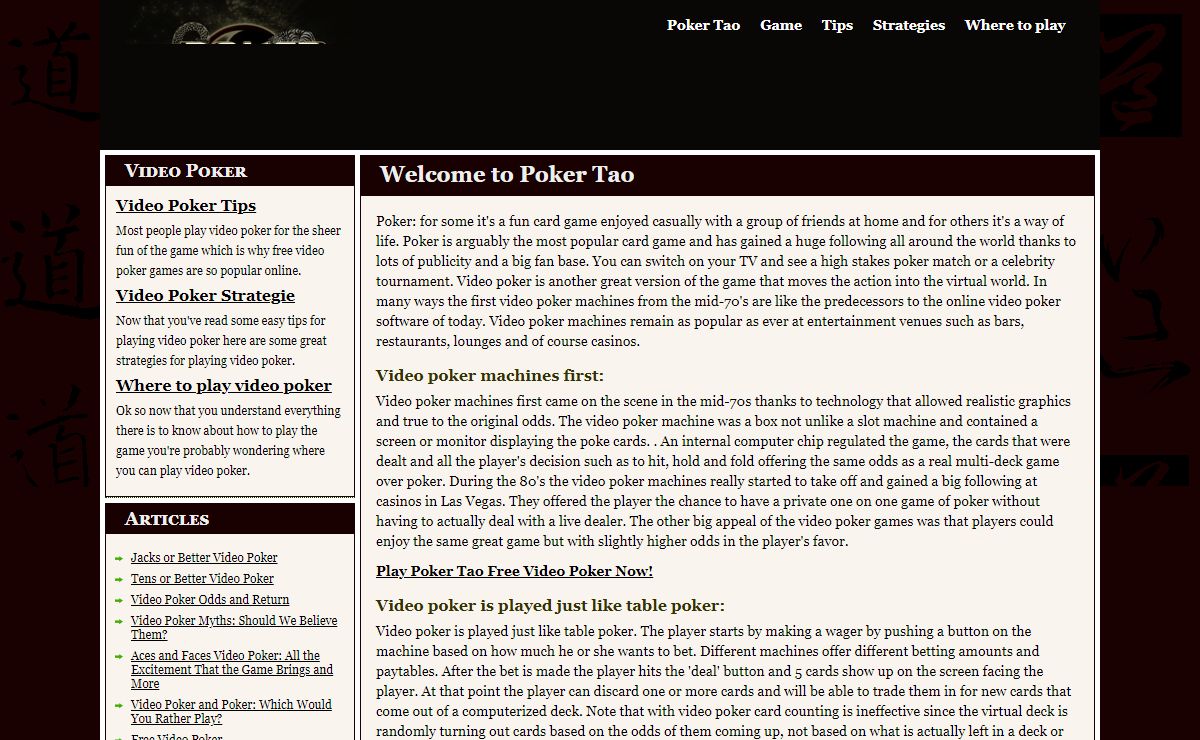 Poker Tao - Online Video Poker Game For Free and Fun! No Download Required, No Real Money allowed, Only For Fun.