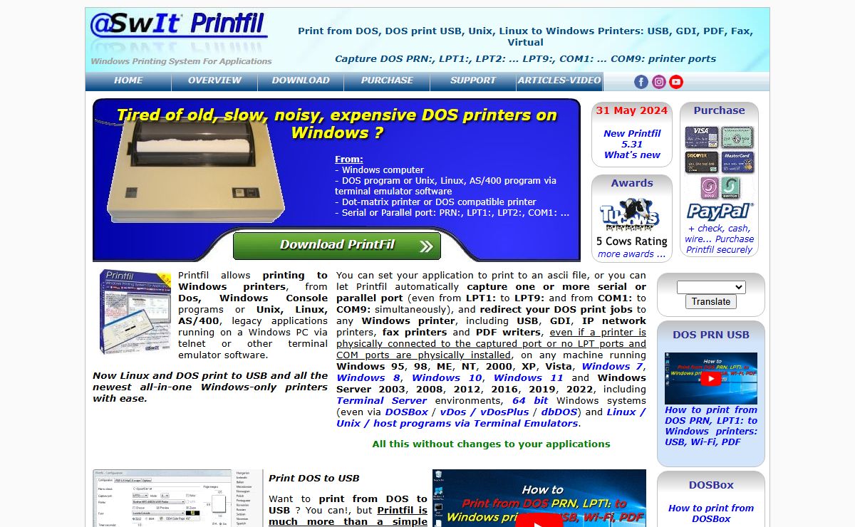 DOS print USB printer; LPT1 to USB, PDF Windows printing; Print DOS to USB