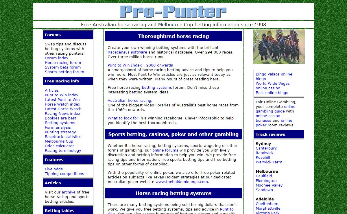 Free Australian horse racing betting tips, ratings and advice. Horse racing and sports gambling forum with strategy, analysis and handicapping tips for a long term betting edge in horse racing, the Melbourne Cup and sports wagering.