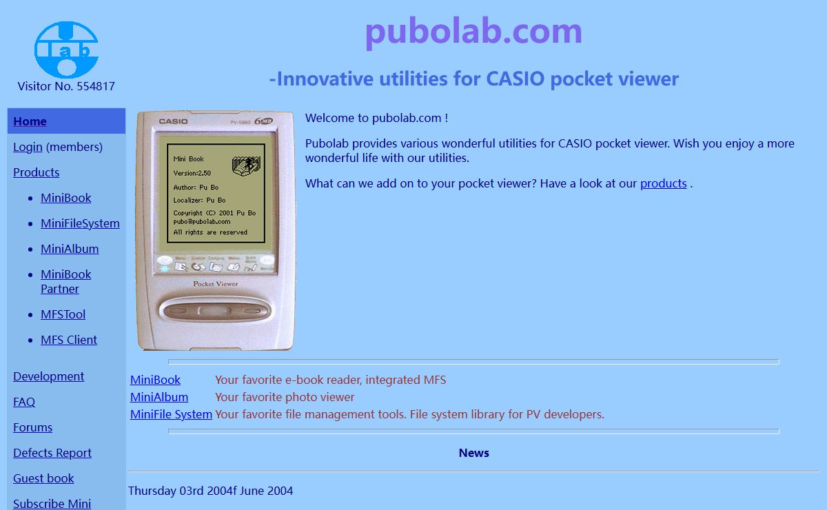 Pu Bo Laboratory - provide innovative PDA addin software for CASIO pocket viewer,MiniBook e-book reader (ebook reader), MFS file system, development tools, free software download, addin applications for PV-250X, PV-450X, PV-S250, PV-S450, PV-750, PV-S460, PV-S660, PV-S400 Plus, (Support for PV-S1600 coming soon...)