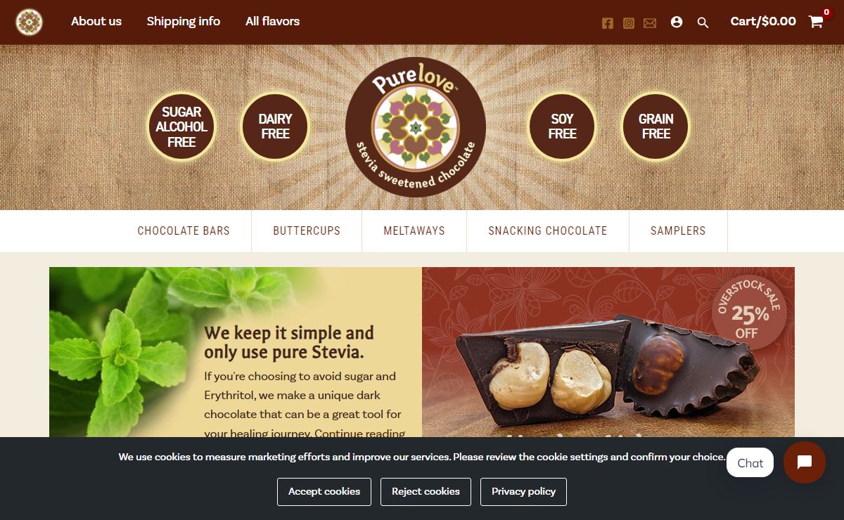 Stevia chocolate without sugar or Erythritol - Pure Love Chocolate