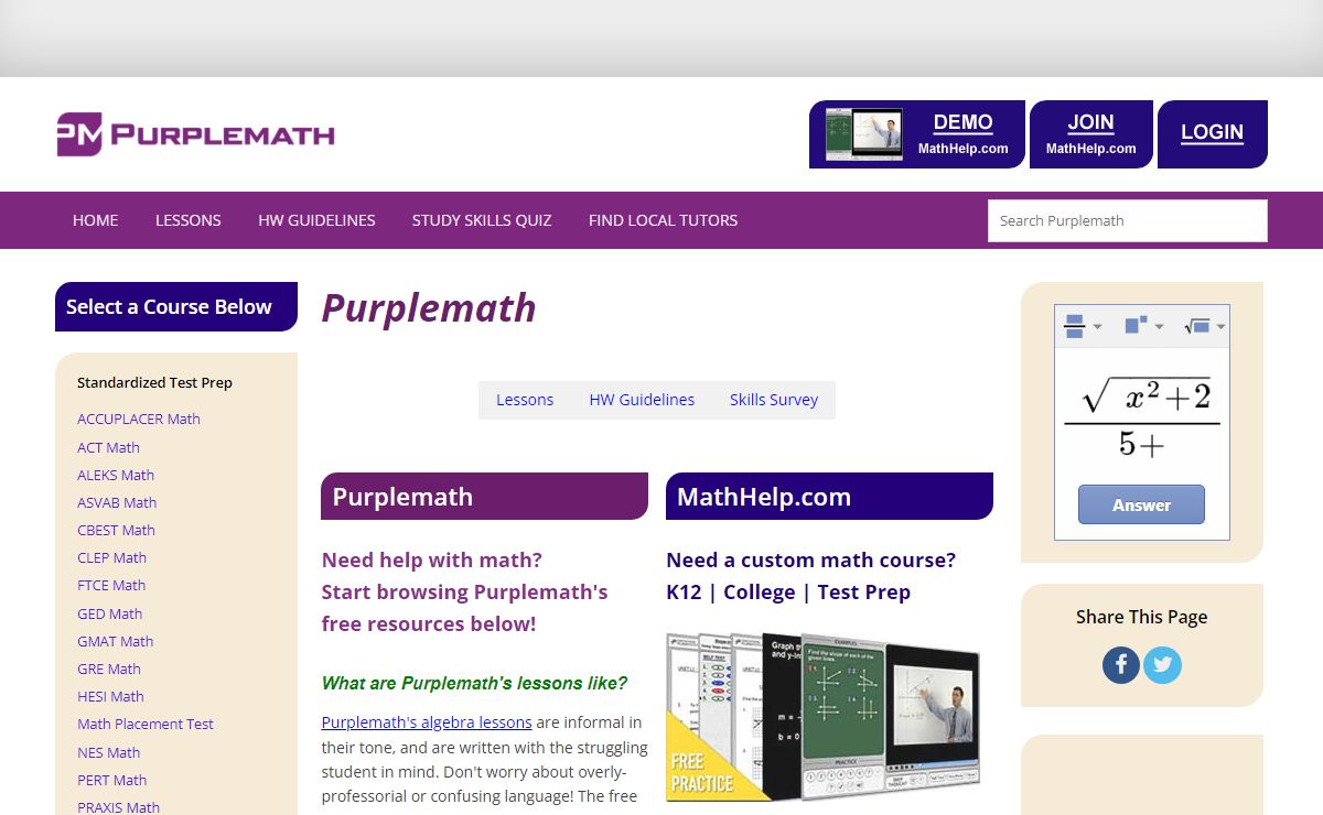 Free and clear online algebra help! | Purplemath
