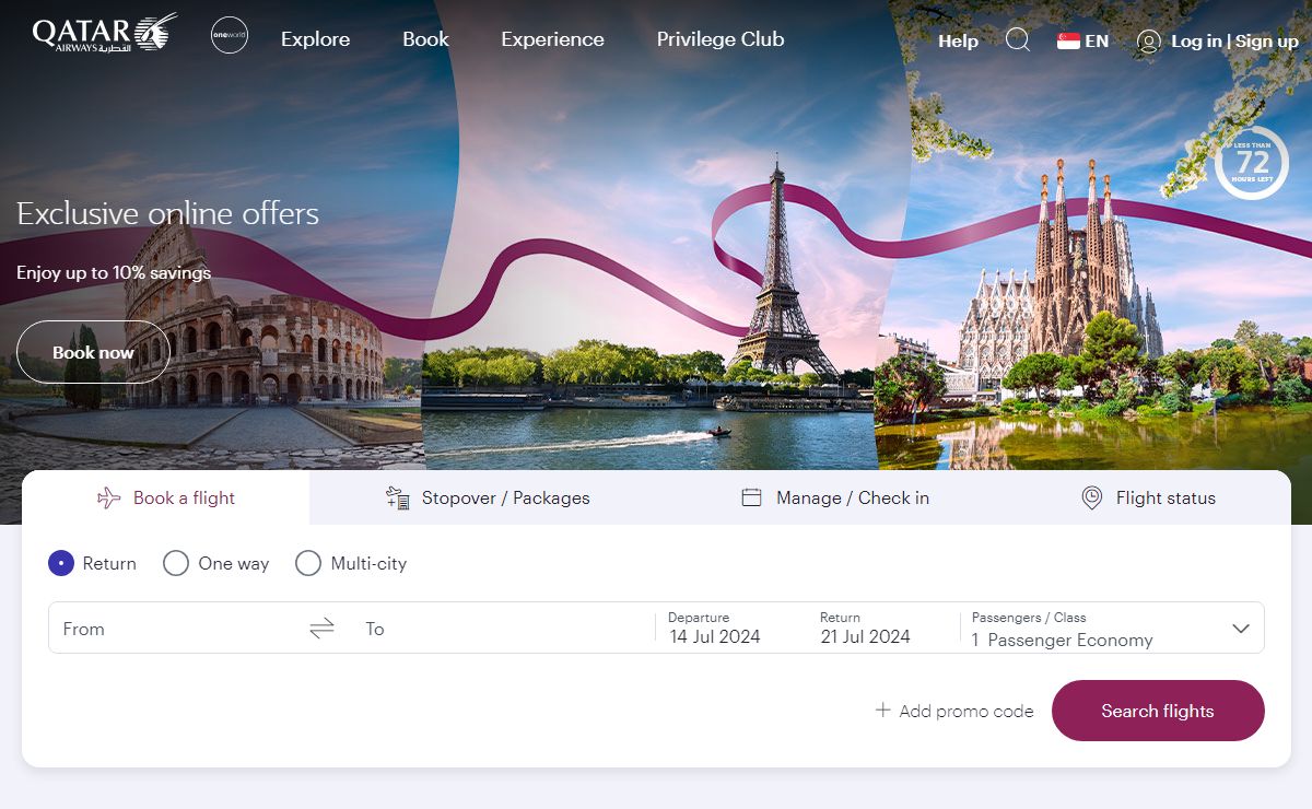 Book Flights - Book & Fly from Singapore | Qatar Airways