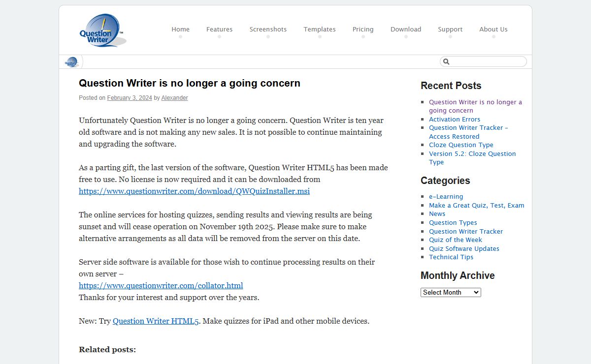 Question Writer is no longer a going concern