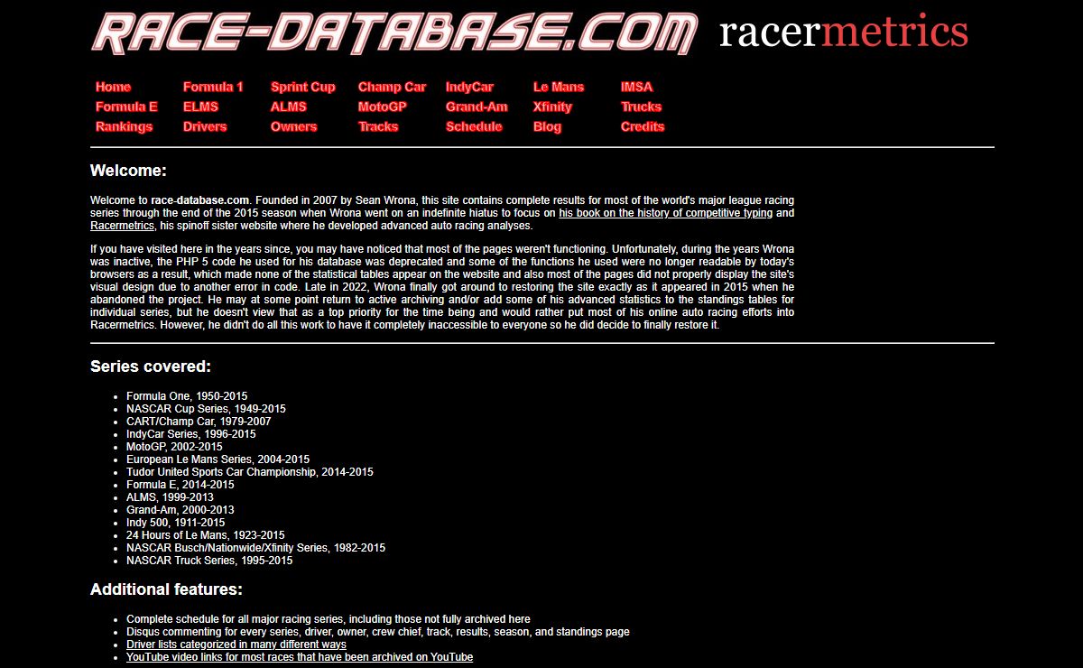 race-database.com: racing statistics for F1, NASCAR, CART/Champ Car, IRL IndyCar, Le Mans, ALMS, Grand-Am, MotoGP