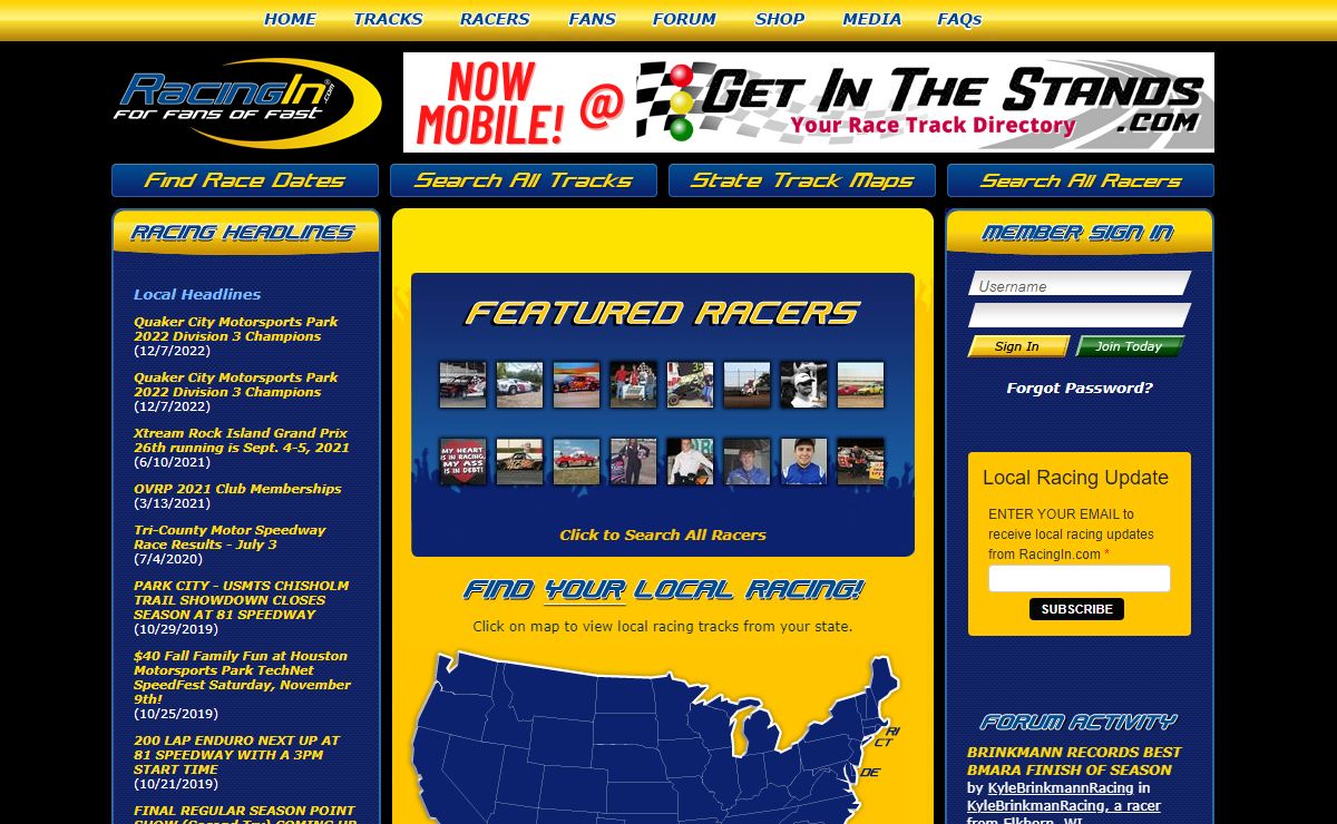RacingIn.com - Find any Race Track in the US and FREE Web Pages for Any Racer and Any Race Fan