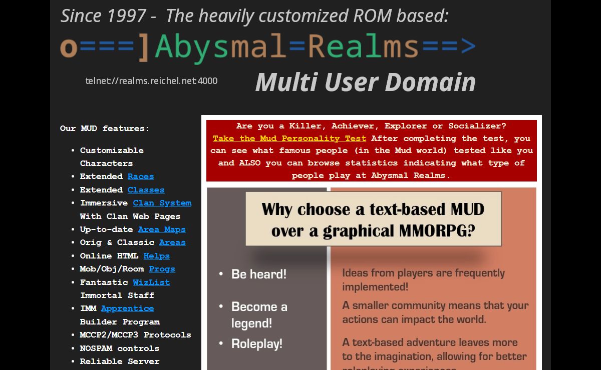 Abysmal Realms MUD - Free Online Fantasy RPG - ROM at its finest!