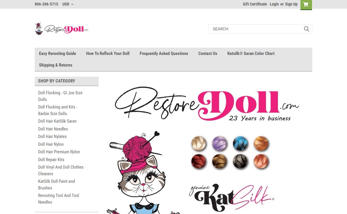 Doll Hair, Katsilk Doll Hair, Doll flocking, Color Matched Doll Paint, Rerooting Saran, Rerooting Nylon, Rerooting Nylatex, and Supplies. Home of genuine KatSilk® Doll Hair, RestoreDoll.com, Katsilk