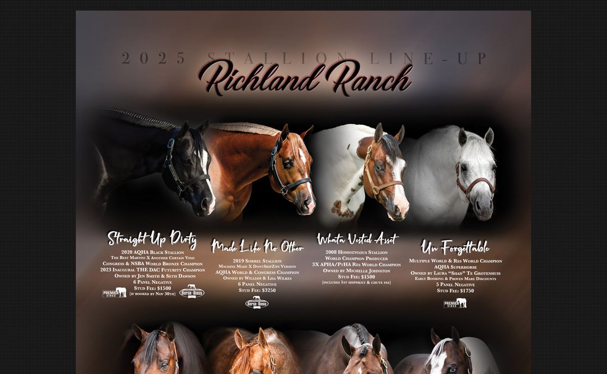 Richland Ranch, home of Zippos Mr Good Bar, Coats N Tails, An Awesome Mister, and Good Time To Shine, sires of aqha western pleasure champions