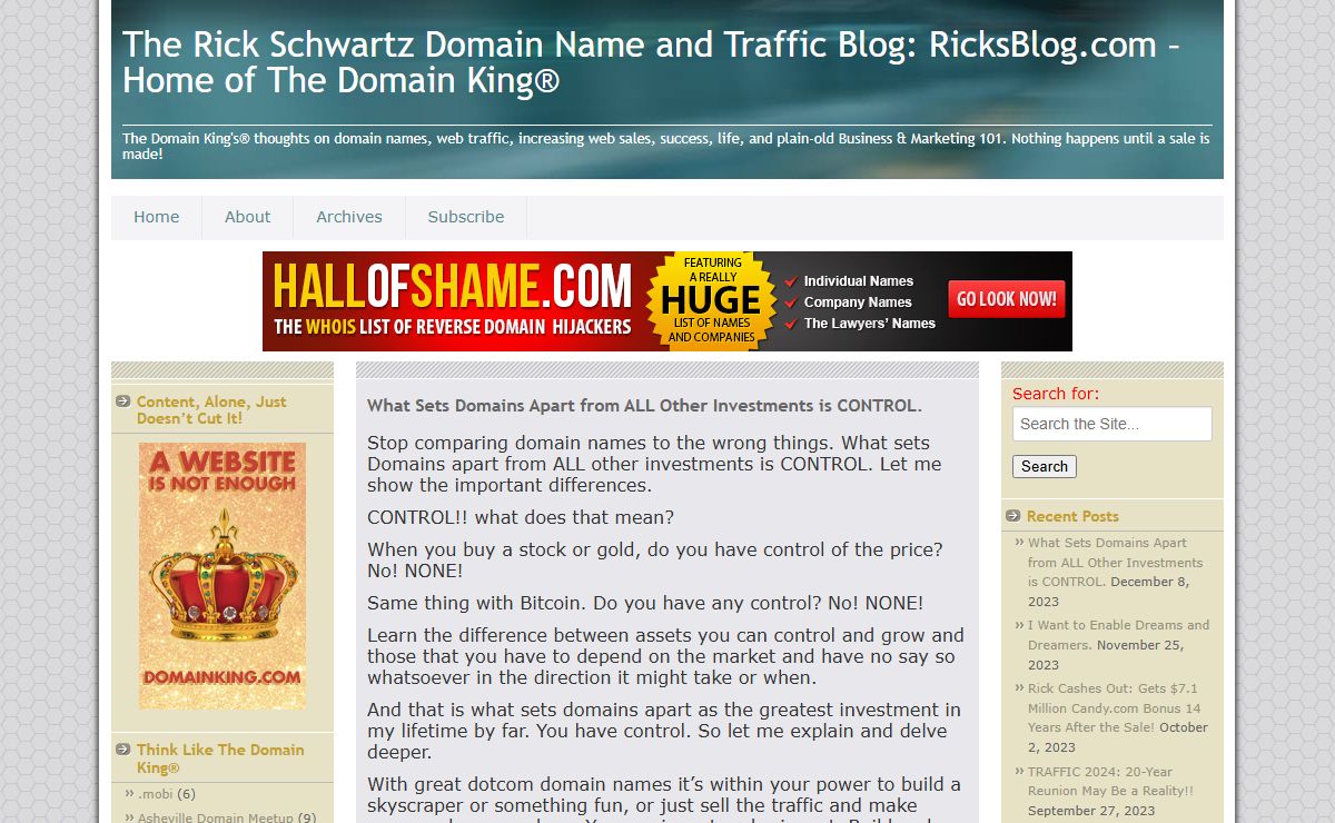 The Rick Schwartz Domain Name and Traffic Blog: RicksBlog.com - Home of The Domain King® | The Domain King's® thoughts on domain names, web traffic, increasing web sales, success, life, and plain-old Business & Marketing 101. Nothing happens until a sale is made!