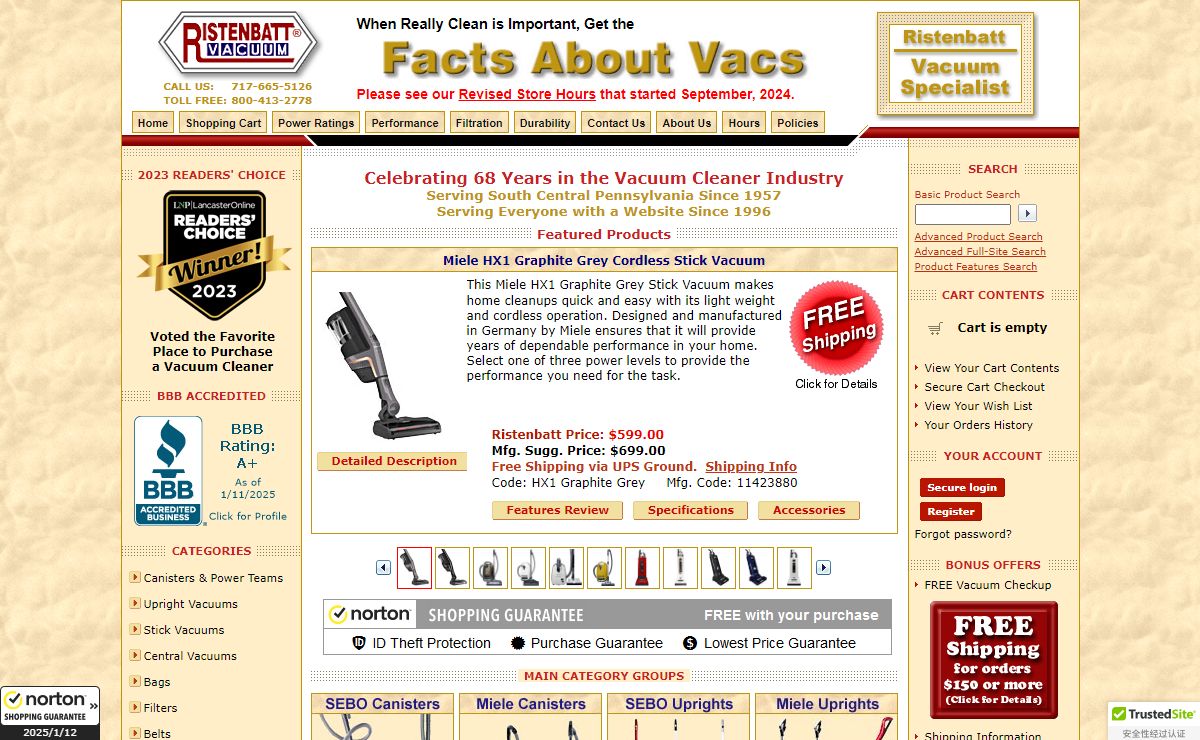 Ristenbatt Vacuum Provides Facts about Vacs. Helping to Keep Homes Clean for Over 60 Years. (Desktop Version)