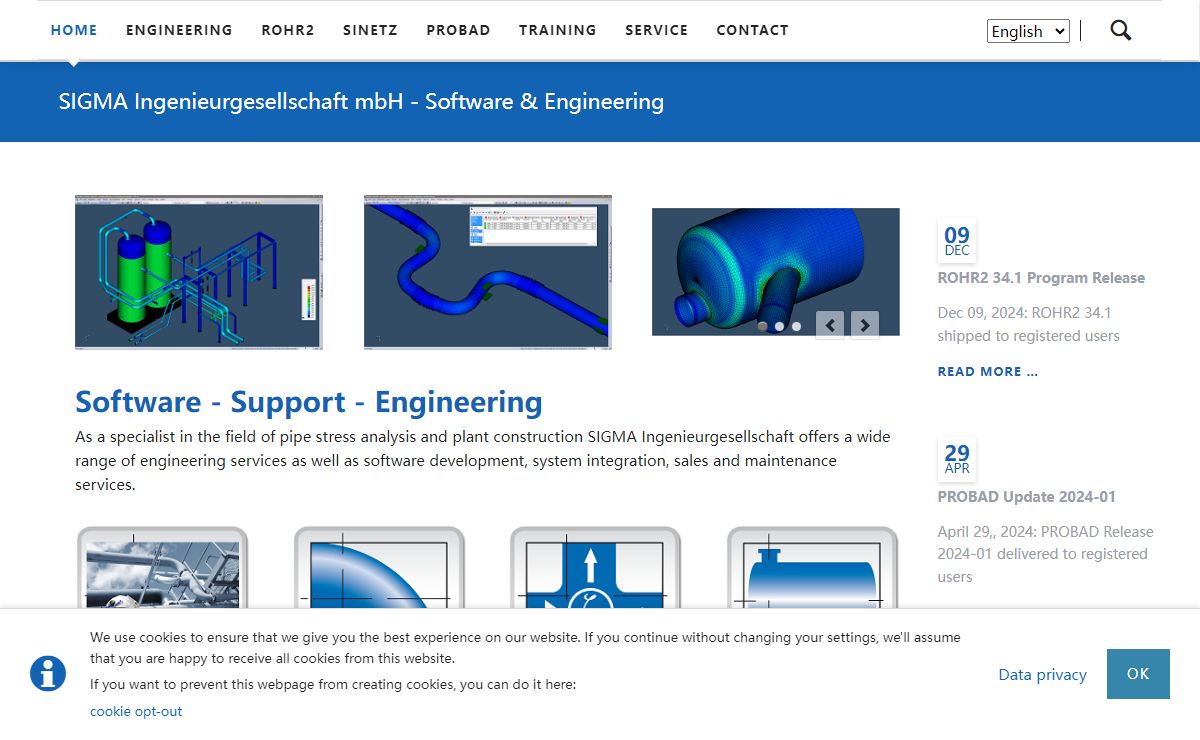 SIGMA Ingenieurgesellschaft mbH - Software & Engineering - ROHR2 Pipe Stress Analysis, SINETZ-Pressure drop and Flow Analysis, PROBAD