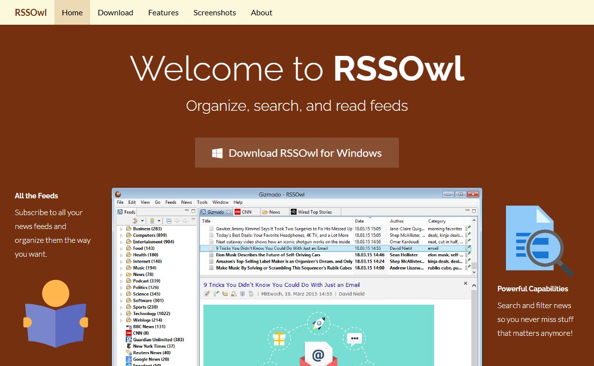 RSSOwl - Powerful RSS / RDF / Atom News Feed Reader