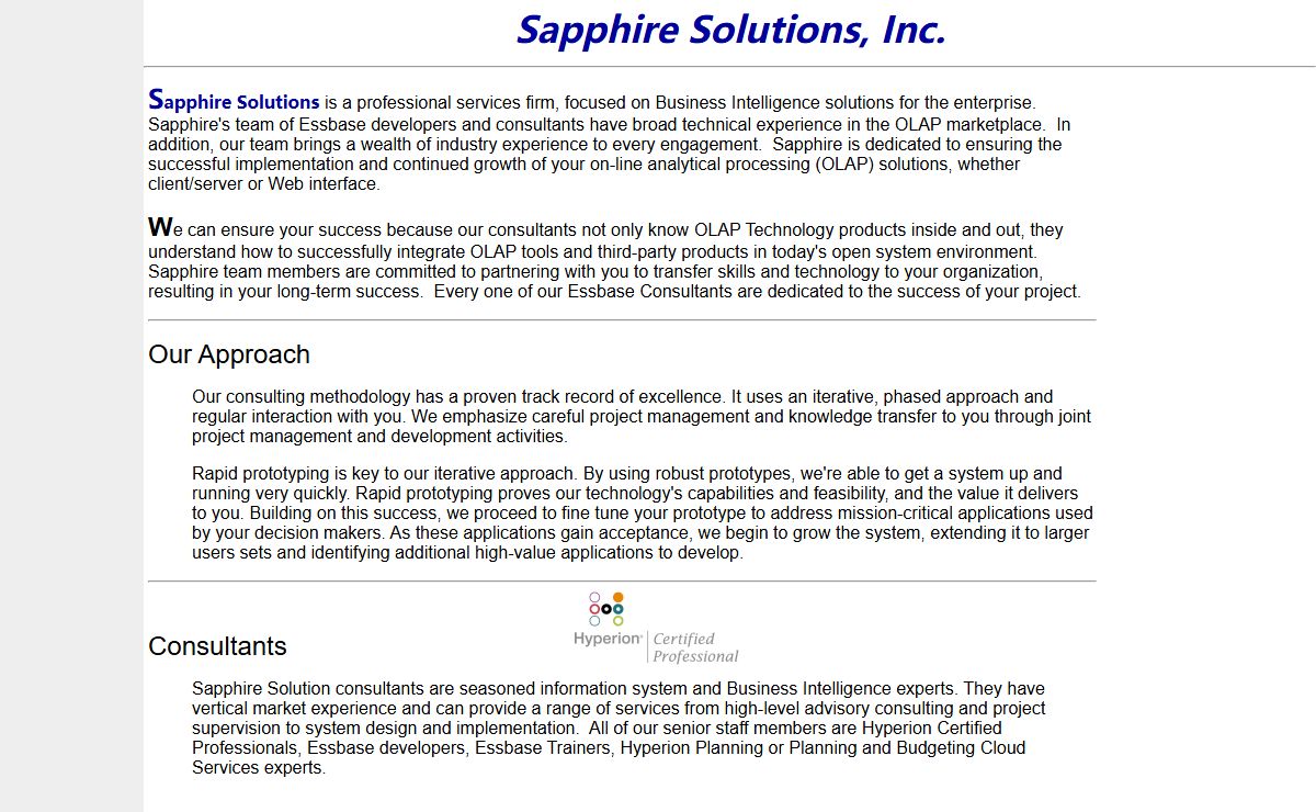 Sapphire Solutions, Inc. Essbase OLAP Design and Implementation Services, Essbase Consulting and Programming, Forecasting and Budgeting