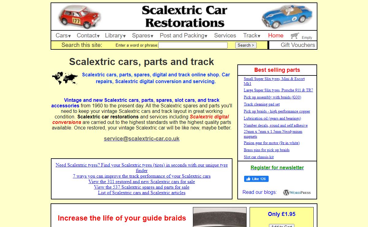 Scalextric cars, parts, spares, track, restorations, repairs, Scaletrix, online shop