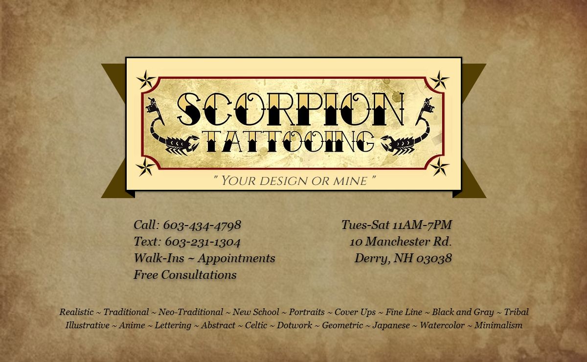 Scorpion Tattooing Tattoo Shop Derry New Hampshire