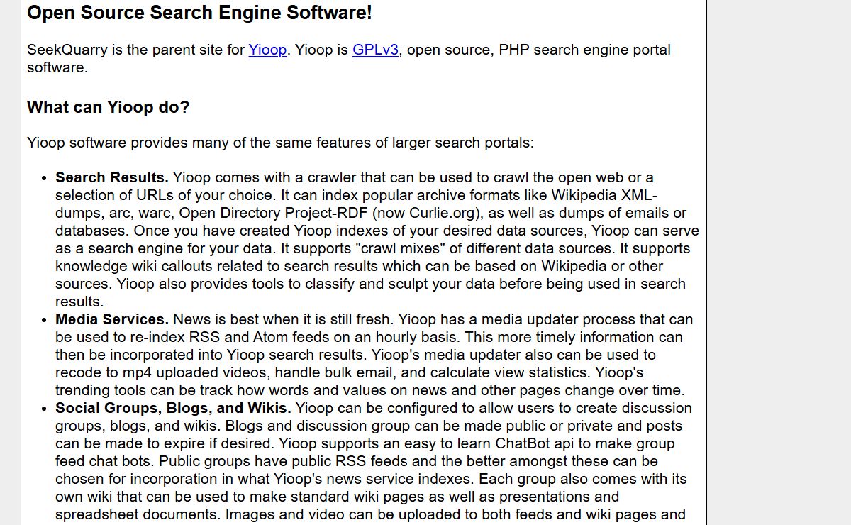 Yioop-Open Source Search Engine Software - Seekquarry