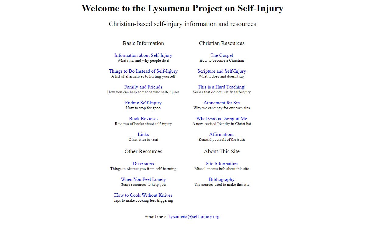 Lysamena Project on Self-Injury: Christian Self-Injury Resources