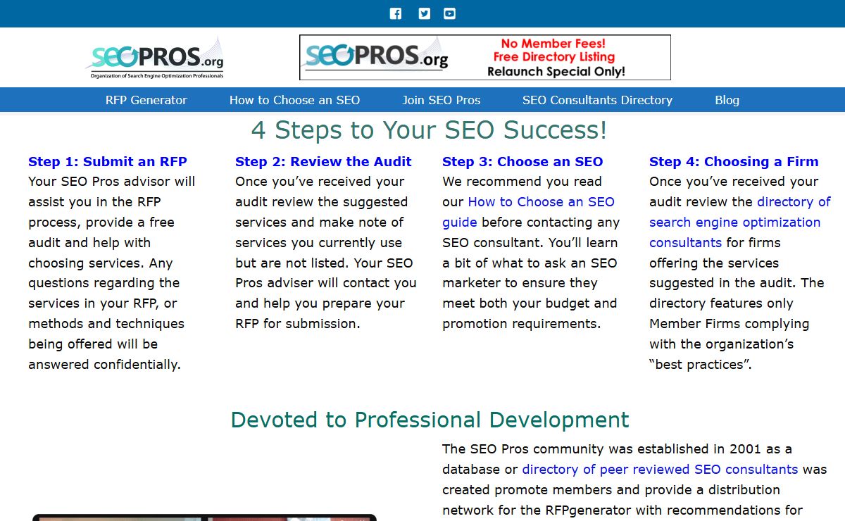 SEO Consultants Professional Development Community, Directory & RFP Distribution Organization