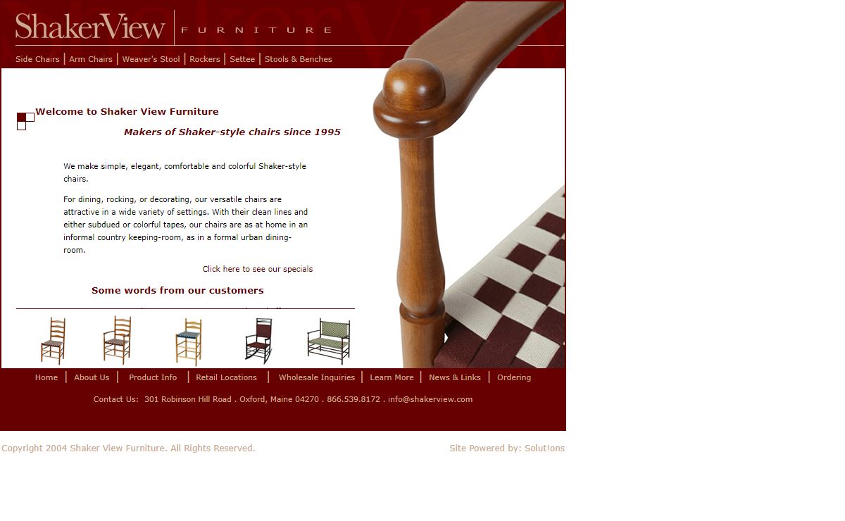 Shaker View Furniture ~ shaker-style chairs made in Maine. Rockers, ladderbacks, shaker furniture, stools, benches and settees. Traditional woven seats with Shaker tape.