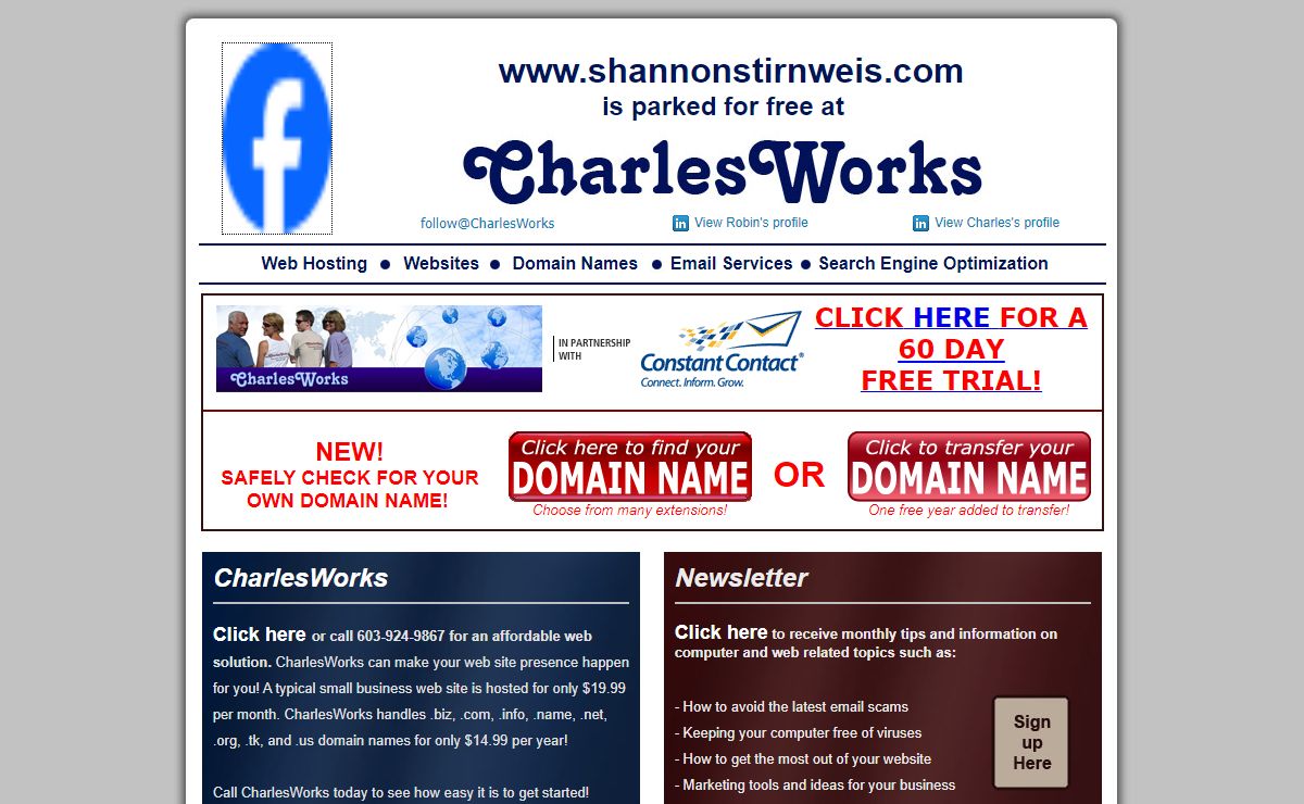CharlesWorks web hosting web sites domain names like www.shannonstirnweis.com Search Engine Optimization SEO Peterborough NH!