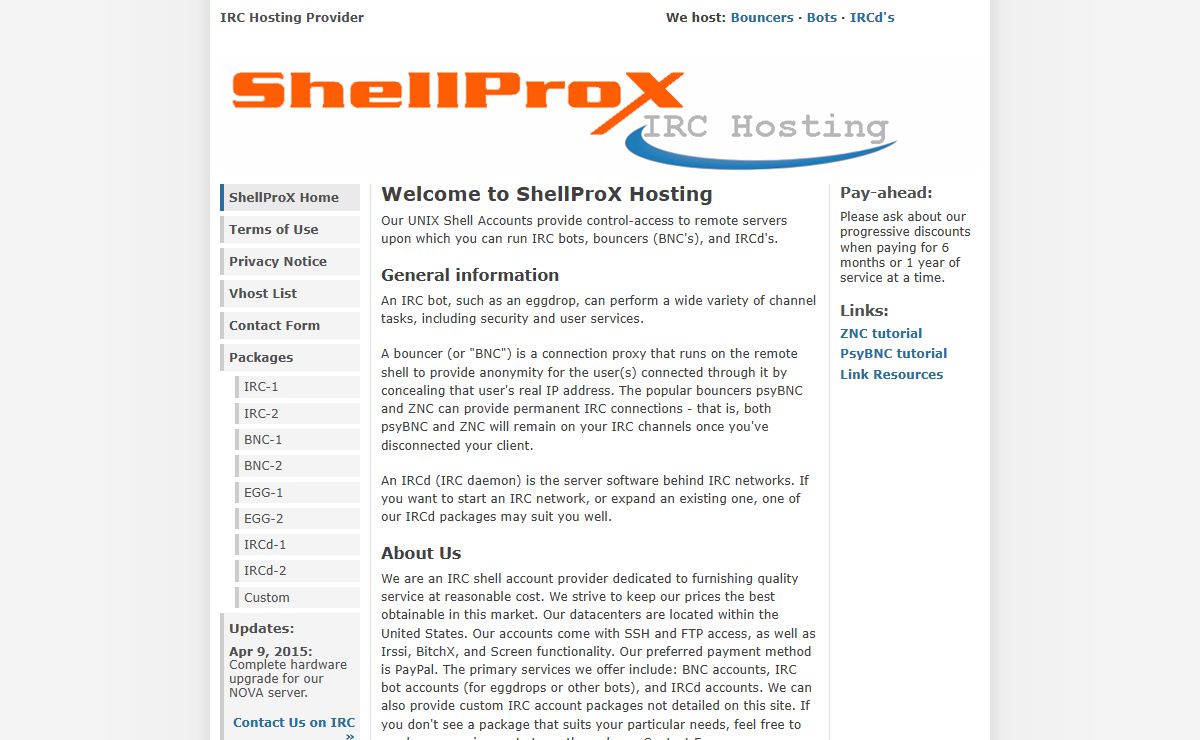 ShellProX Hosting Services :: UNIX shell accounts for IRC
