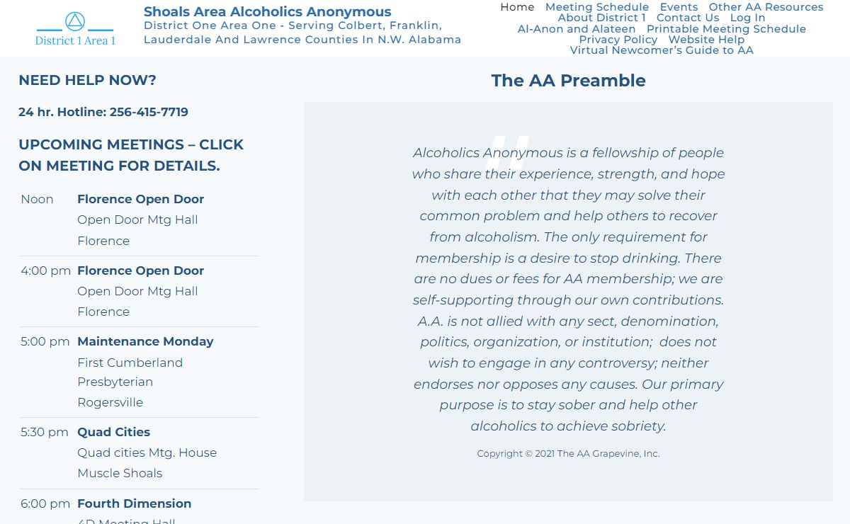 Shoals Area Alcoholics Anonymous – District One Area One – Serving Colbert, Franklin, Lauderdale and Lawrence Counties in N.W. Alabama