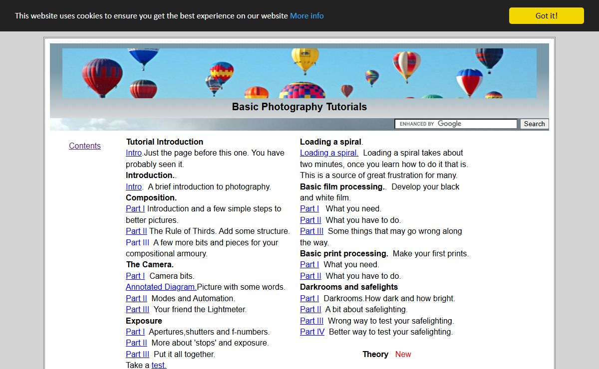 Photography Tutorials. Table of Contents.