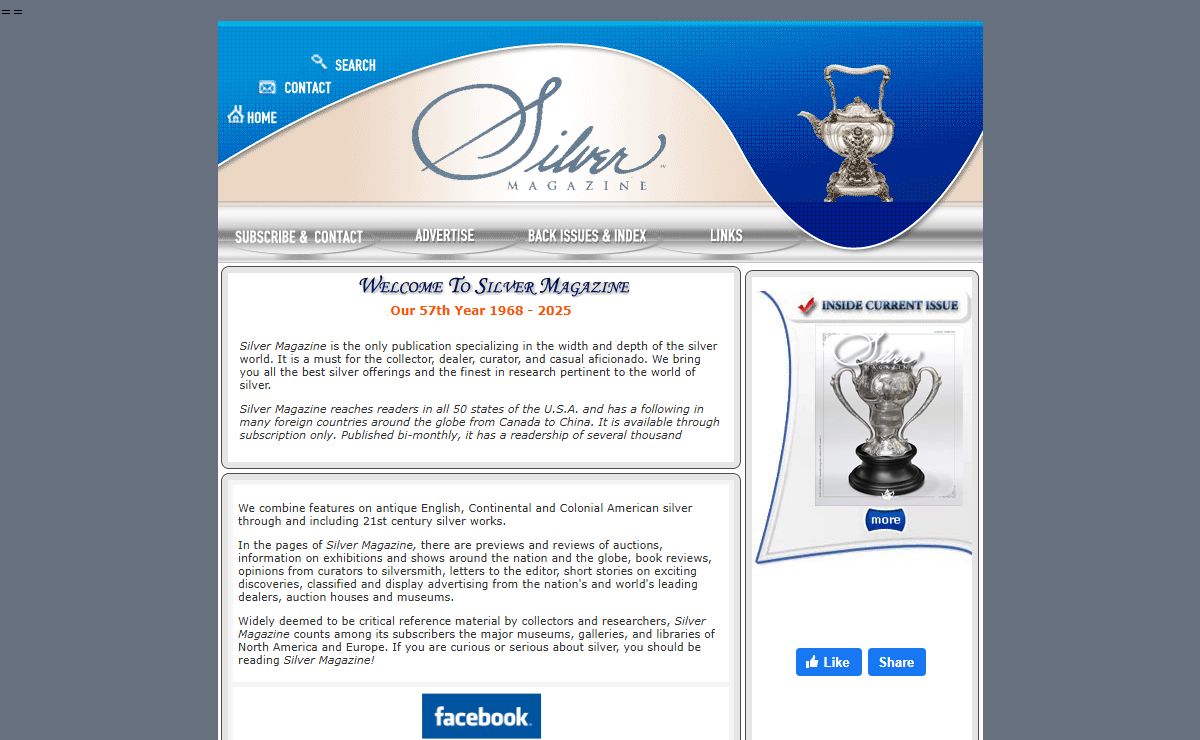 Silver Magazine, review of auctions, exhibitions, and shows, book reviews, opinions from curators to silversmith.