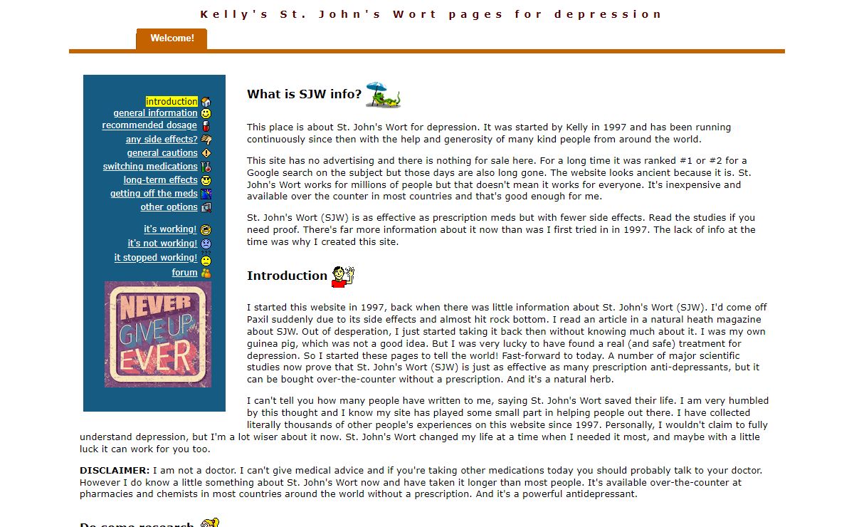 Kelly's SJW (St. John's Wort) pages for depression