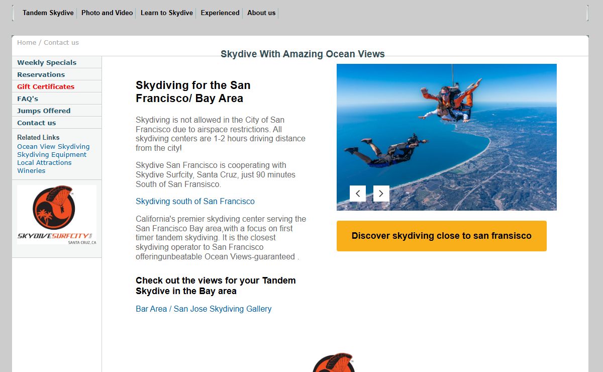Ocean View Skydiving San Francisco,the #1 skydiving center in San Francisco Bay area