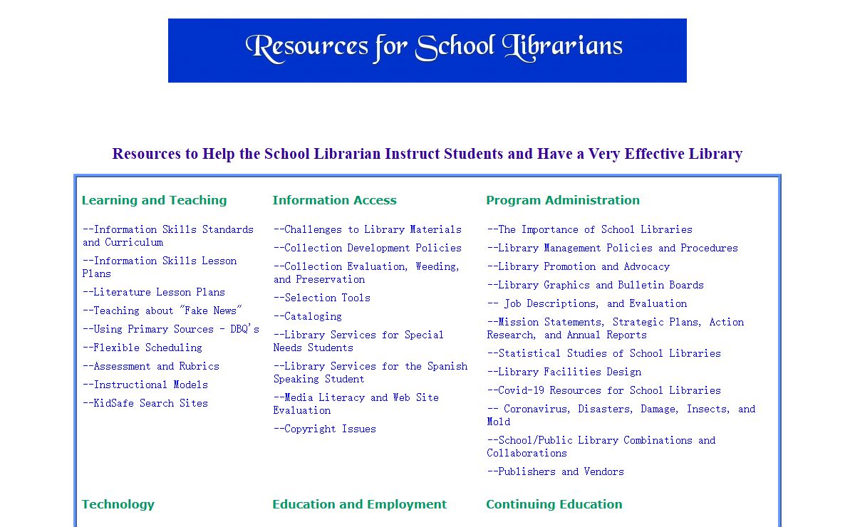 A directory of links to helpful web sites for school librarians.