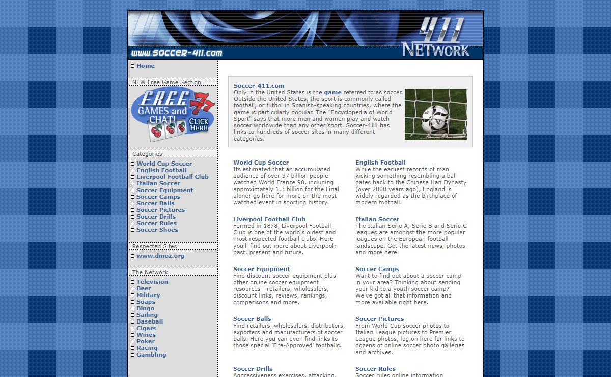 Soccer Links & Information @ Soccer-411.com -- also known as football, we cover equipment, camps, balls, pictures, drills, rules, jerseys and more.