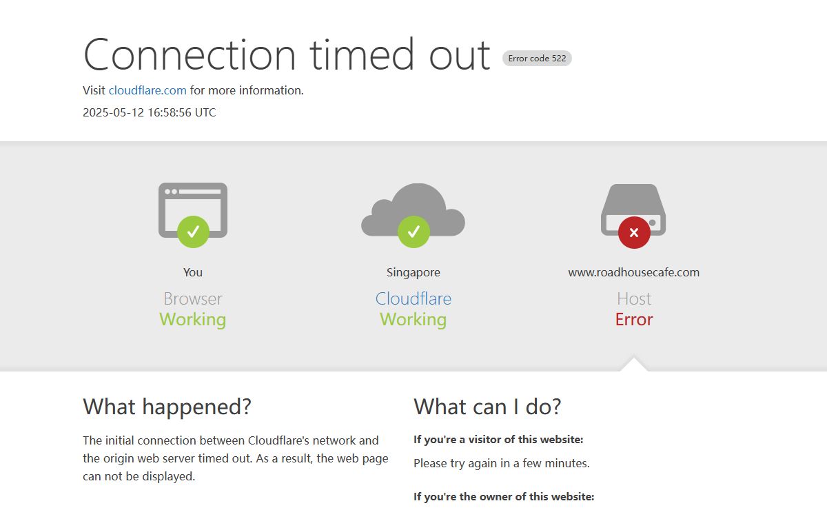 www.roadhousecafe.com | 522: Connection timed out