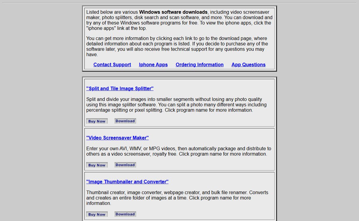 Various software downloads including video screensaver maker, photo splitter software, hard drive search software, and various other free software downloads.