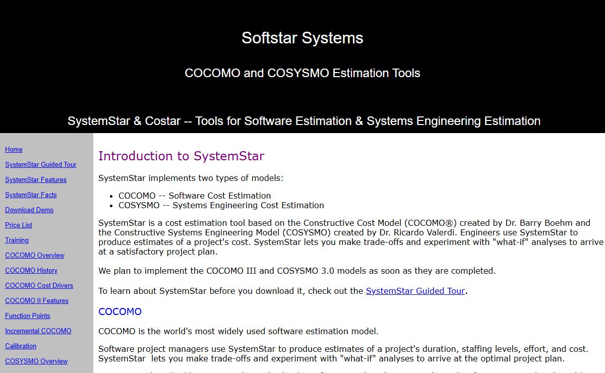 SystemStar Software Estimation Tool based on COCOMO II and COSYSMO 2, from Softstar Systems