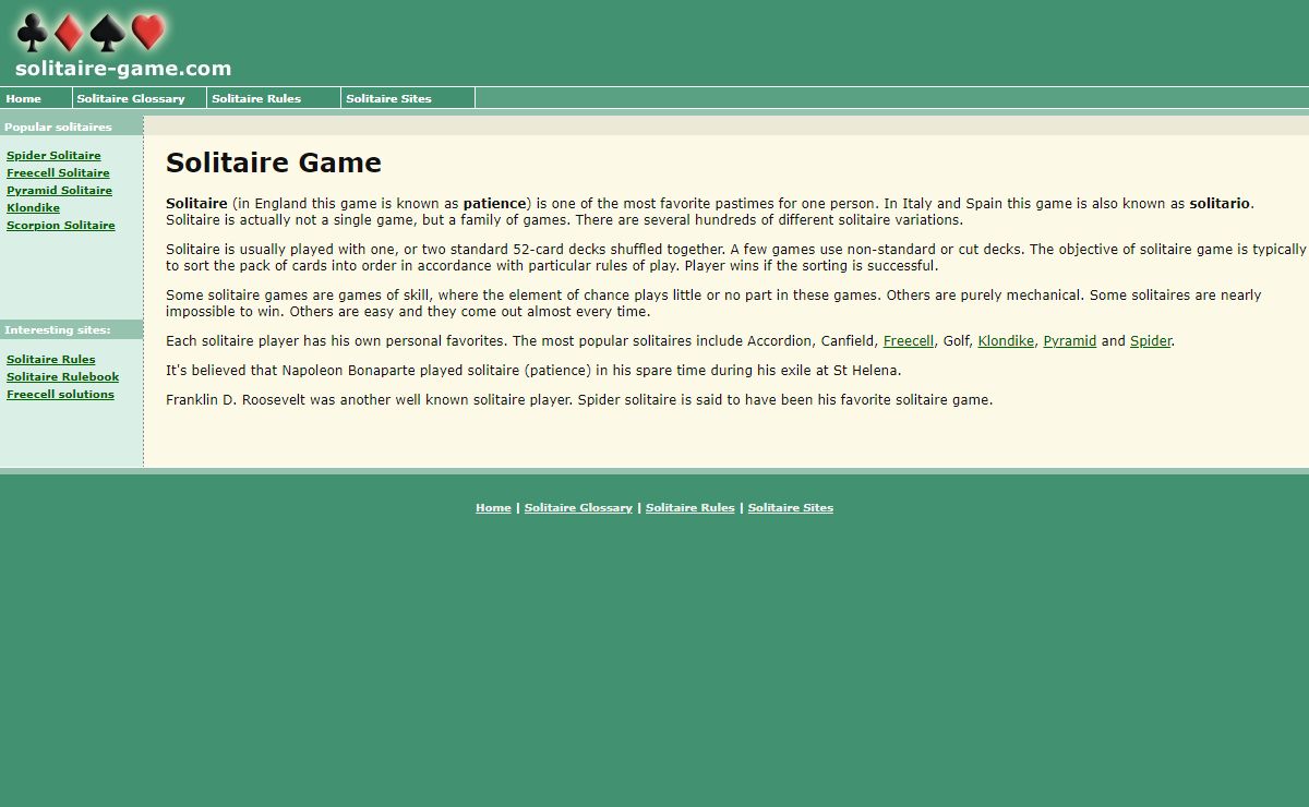 Solitaire Game - solitaire rules, glossary and useful links.