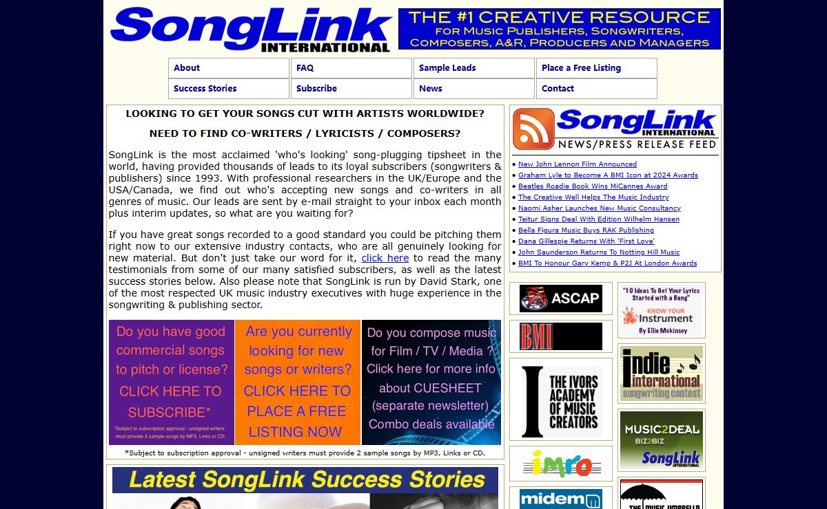 SongLink International - The Premier Resource for Music Publishers, Songwriters, Producers, Artists and Managers