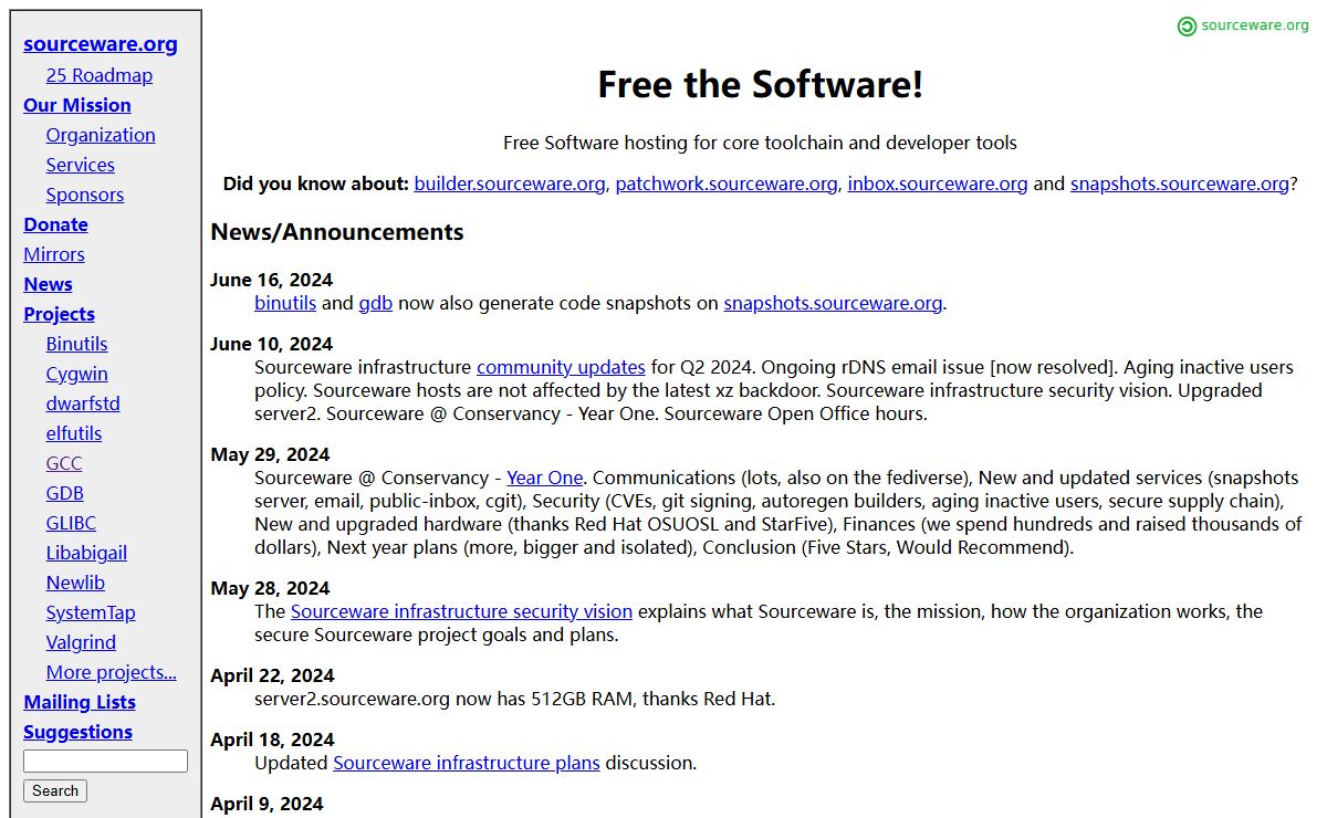 sourceware.org: Free software! Get your fresh hot free software!