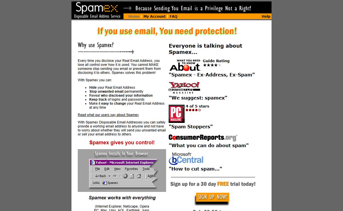 The Spamex Disposable Email Address Service. Protection from spam, anonymous email, and much, much more.