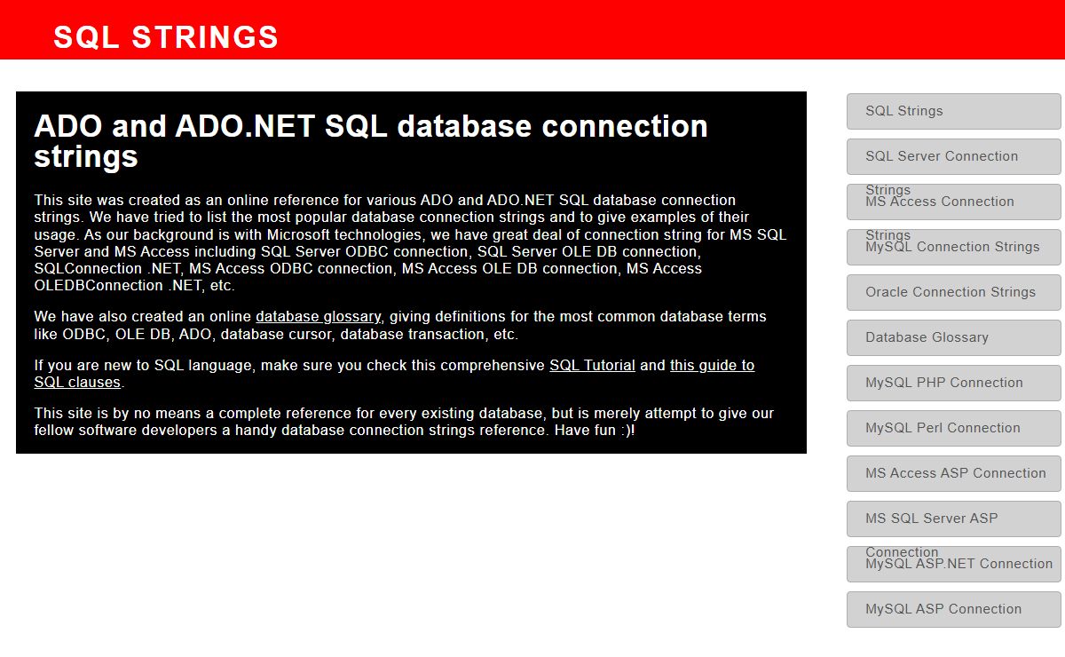 MS Access Connection Strings - ADO SQL Database Connection Strings - SQL Server, MS Access, MySQL, Oracle, PostgreSQL, DB2, ...