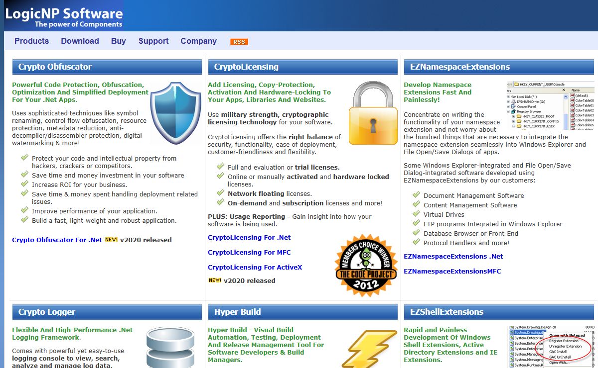 LogicNP Software: Crypto Obfuscator+CryptoLicensing: Licensing, copy protection, obfuscation and code protection. Hyper Build - Visual Build Automation, Testing, Deployment and Release Management Software; Crypto Logger: Flexible high-performance .net logging; EZNamespaceExtensions & EZShellExtensions: Rapid development of namespace extensions and shell extensions;