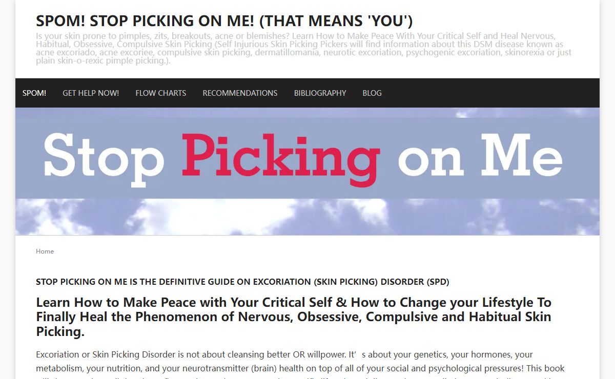 SPOM! STOP Picking on Me! (That means 'you') – Is your skin prone to pimples, zits, breakouts, acne or blemishes? Learn How to Make Peace With Your Critical Self and Heal Nervous, Habitual, Obsessive, Compulsive Skin Picking (Self Injurious Skin Picking Pickers will find information about this DSM disease known as acne excoriado, acne excoriee, compulsive skin picking, dermatillomania, neurotic excoriation, psychogenic excoriation, skinorexia or just plain skin-o-rexic pimple picking.).