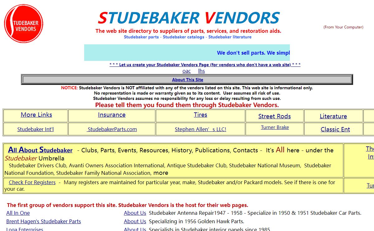 Studebaker Vendors Web Site Parts Directory
