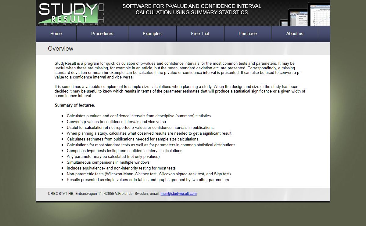 StudyResult - Software for Quick Calculation of p-values and Confidence Intervals