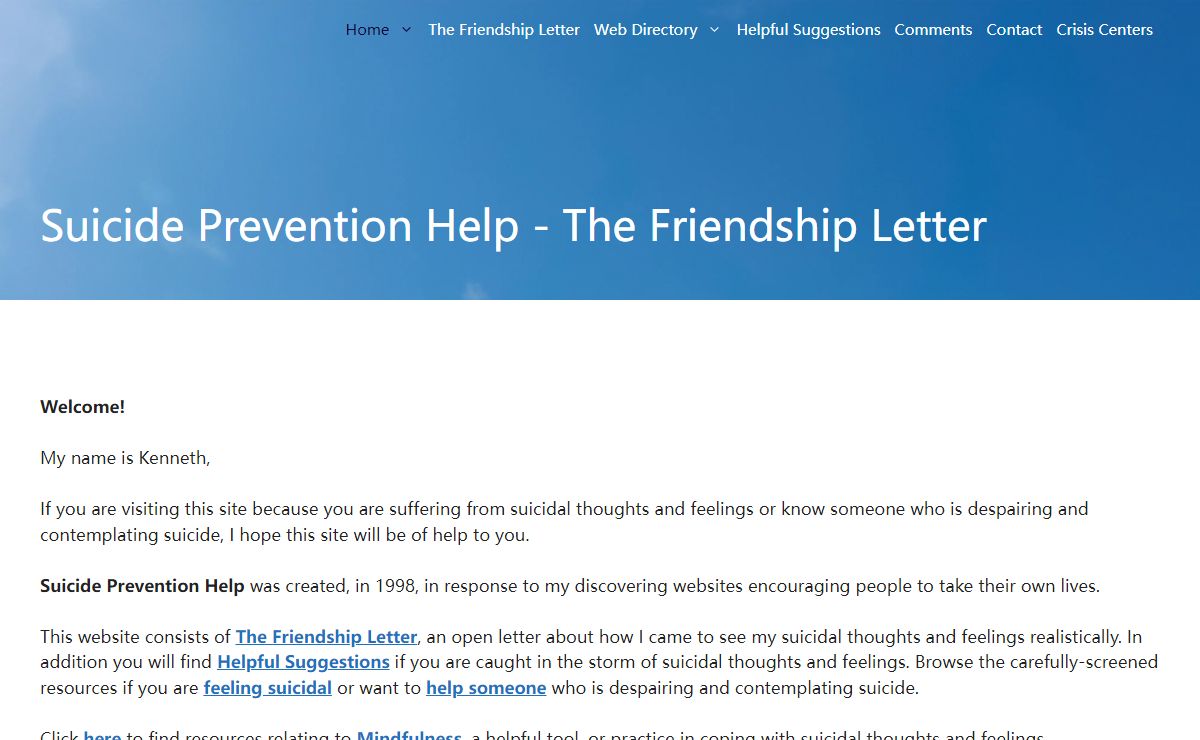 Home - Suicide Prevention Help - The Friendship Letter - Web Directory - Web Directory