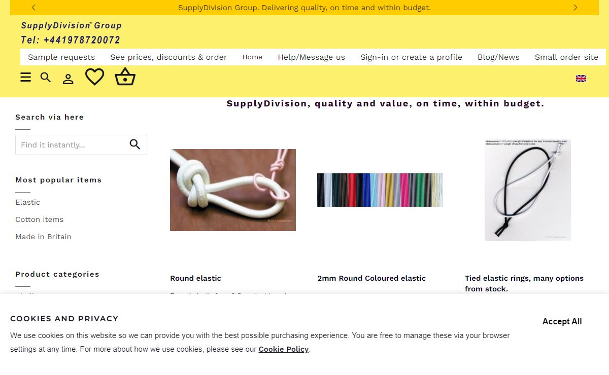 Wholesale trade suppliers UK Stockists of trade/wholesale quantities of elastic, ribbon, cord, webbing, tape and general textile trimmings.