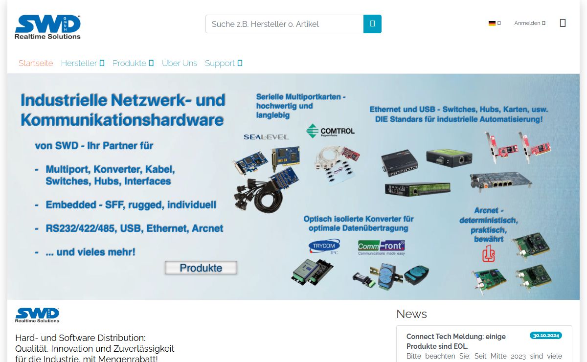 SWD GmbH, Hardware und Software Distribution | Startseite | Netzwerktechnik, Industrielle Automatisierung, Industrielle Kommunikation, Hardware, Software, Embedded, Multiport, Serielle Converter, B&E Technologies, Sealevel, CommFront, Comtrol, Pepperl+Fuchs, Exsys, Opto22